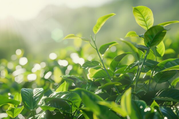 Des feuilles de thé vert dans une plantation de thé le matin