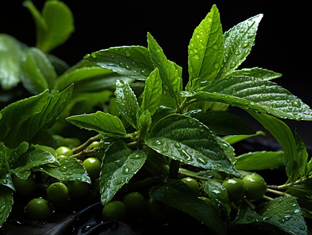 Les feuilles de thé vert dans la rosée IA générative