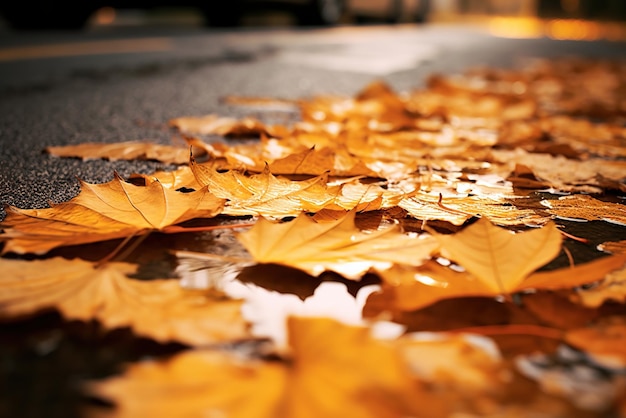 Feuilles tombées sur l'asphalte mouillé en automne