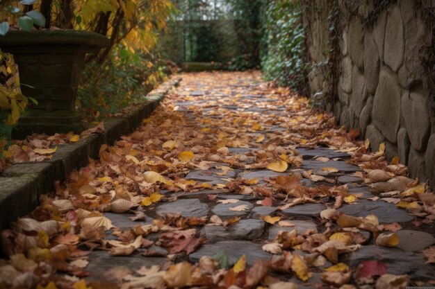 Feuilles tombées sur un chemin de pierre dans le jardin créé avec ai générative