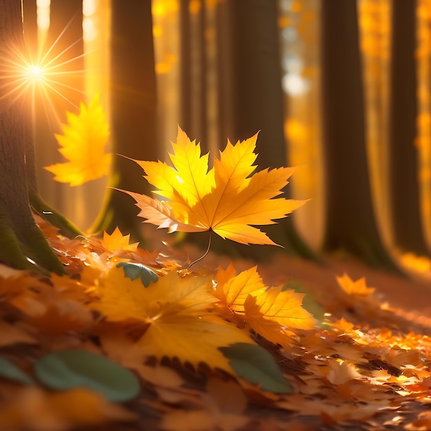 Feuilles tombées dorées dans la forêt d'automne sur les rayons du soleil Beau paysage