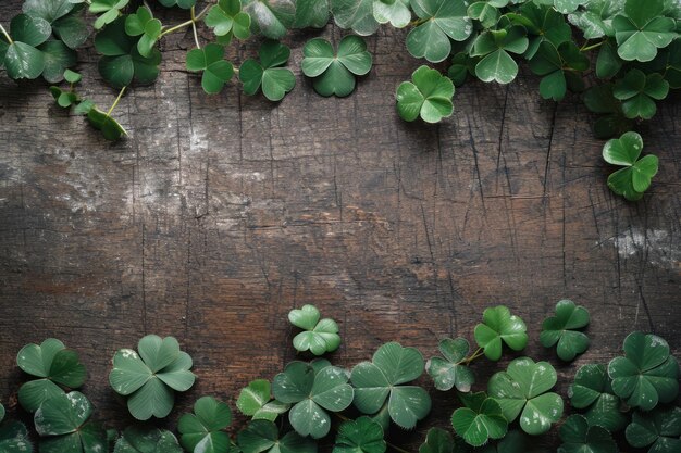 Feuilles de trèfle sur table en bois Fond de la Saint-Patrick IA générative