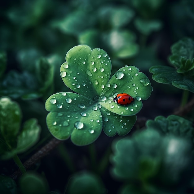 Les feuilles de trèfle vert avec une coccinelle en gros plan à l'arrière-plan naturel