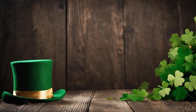 Des feuilles de trèfle vert sur un fond en bois Jour de Saint-Patrick Copier l'espace Fête de la bière