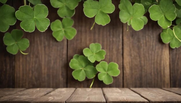 Des feuilles de trèfle vert sur un fond en bois Jour de Saint-Patrick Copier l'espace Fête de la bière