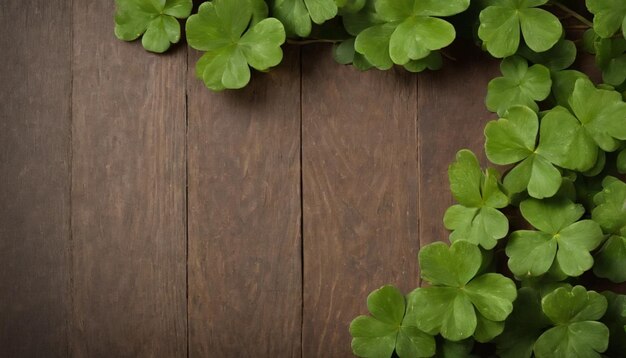 Des feuilles de trèfle vert sur un fond en bois Jour de Saint-Patrick Copier l'espace Fête de la bière