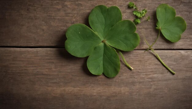 Des feuilles de trèfle vert sur un fond en bois Jour de Saint-Patrick Copier l'espace Fête de la bière