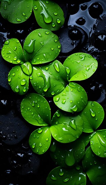 Feuilles de trèfle vert avec des gouttes d'eau sur fond de cailloux noirs