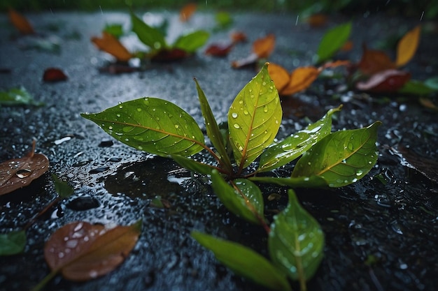Photo des feuilles trempées par la pluie sur le sol.