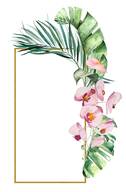 Les feuilles tropicales à l'aquarelle et les fleurs encadrent l'illustration isolée pour le mariage, les salutations, le papier peint, la mode, les affiches