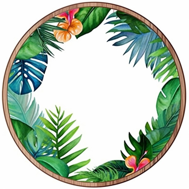 Photo feuilles tropicales en bois fleurs cercle cadre fond blanc art généré ai