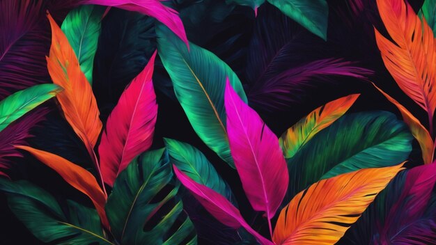 Photo feuilles tropicales couleurs au néon fond abstrait