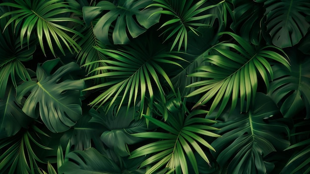 Des feuilles tropicales denses créent un fond vert texturé