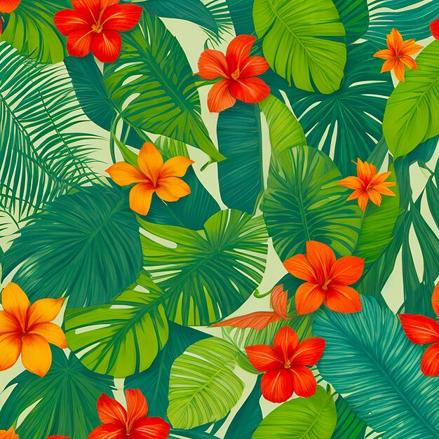 Des feuilles tropicales avec une fleur sur fond généré par l'IA