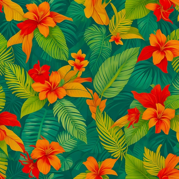 Des feuilles tropicales avec une fleur sur fond généré par l'IA