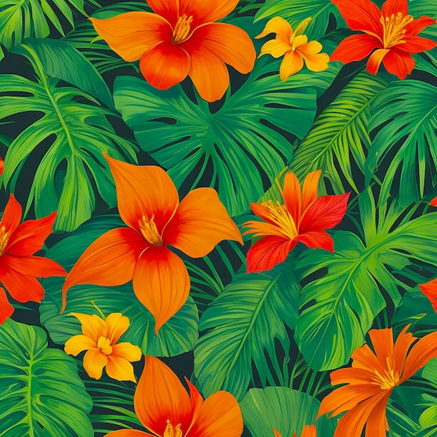 Des feuilles tropicales avec une fleur sur fond généré par l'IA