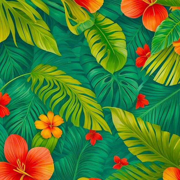 Des feuilles tropicales avec une fleur sur fond généré par l'IA