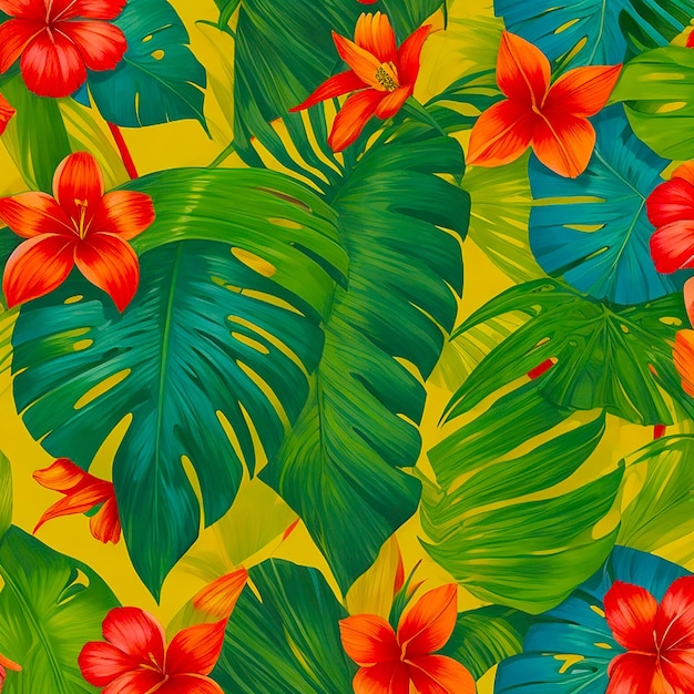 Des feuilles tropicales avec une fleur sur fond généré par l'IA