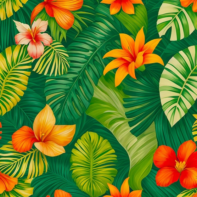 Des feuilles tropicales avec une fleur sur fond généré par l'IA