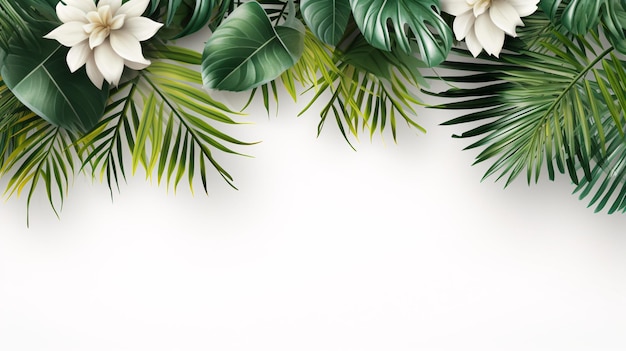 Feuilles tropicales sur fond blanc vue supérieure affiche graphique fond PPT