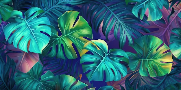 Des feuilles tropicales sur un fond bleu Des plantes exotiques paradisiaques