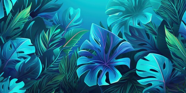 Photo des feuilles tropicales sur un fond bleu des plantes exotiques paradisiaques