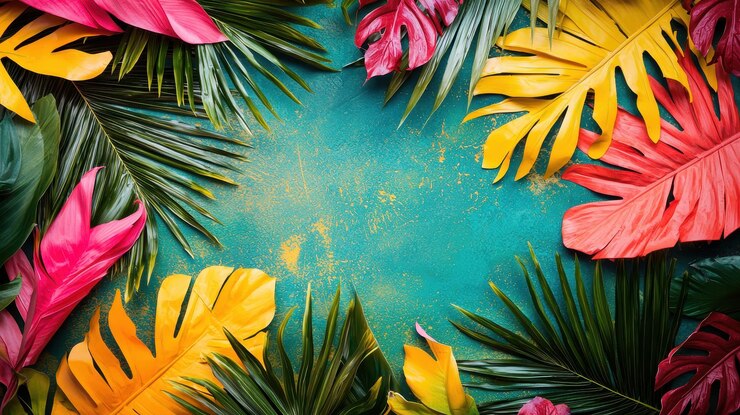 Photo des feuilles tropicales sur un fond bleu turquoise