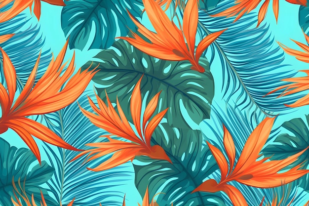 Feuilles tropicales sur fond bleu.