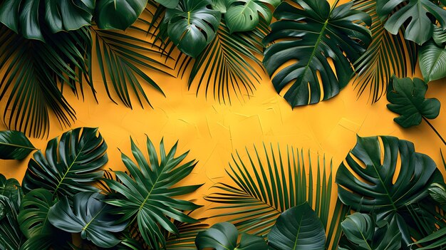 Les feuilles tropicales forment un cercle sur un fond jaune