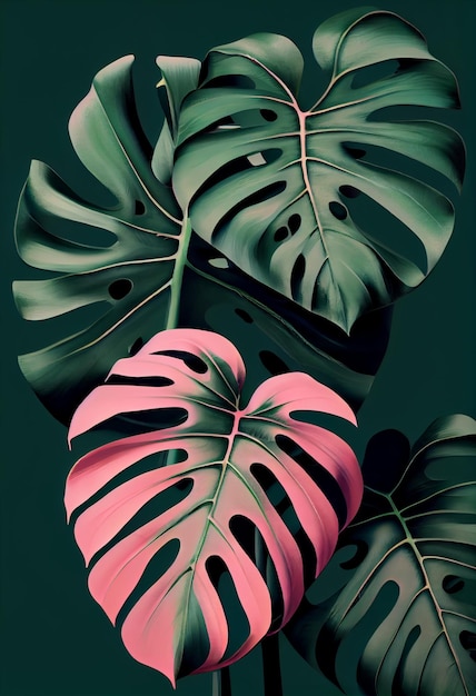 Feuilles tropicales gros plan de la plante monstera et fond de nature sombre couleur verte et rose générée par l'IA