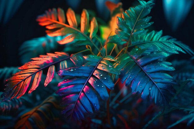 Feuilles tropicales holographiques dans un dégradé de couleurs audacieux comme éclairées par un arc-en-ciel scintillant