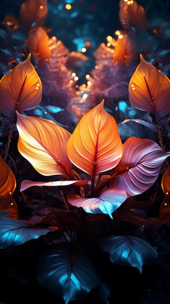 Des feuilles tropicales lumineuses s'étalent sur un sol abstrait, une tapisserie naturelle rayonnante Vertical Mobile Wal