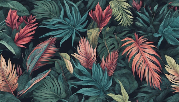 Des feuilles tropicales luxueuses aux couleurs vives