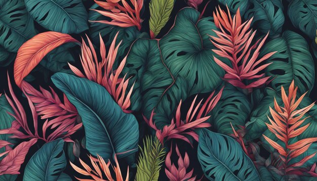 Des feuilles tropicales luxueuses aux couleurs vives