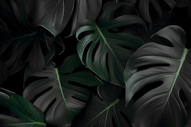 Des feuilles tropicales de Monstera deliciosa sur un fond sombre