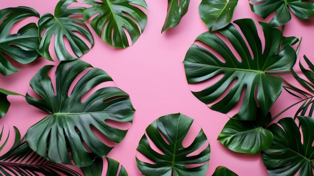 Feuilles tropicales Monstera sur fond rose Vue supérieure à couche plate