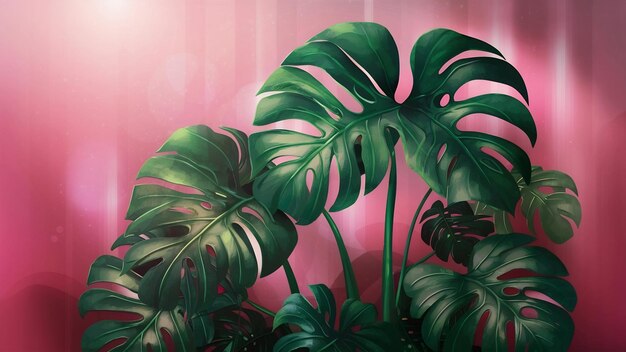 Des feuilles tropicales de monstera sur un fond rose