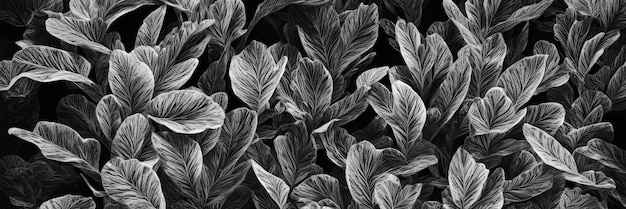 Photo feuilles tropicales noires et blanches jungle fond sombre naturel ai généré