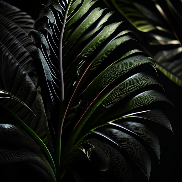 Des feuilles tropicales réalistes détaillées sous un projecteur dans une pièce sombre à fond noir