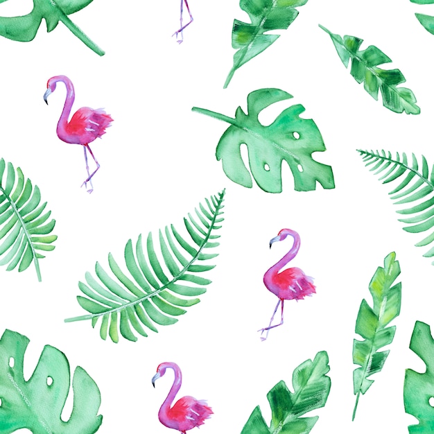 Feuilles tropicales sans couture dessinés à la main et motif de flamants roses