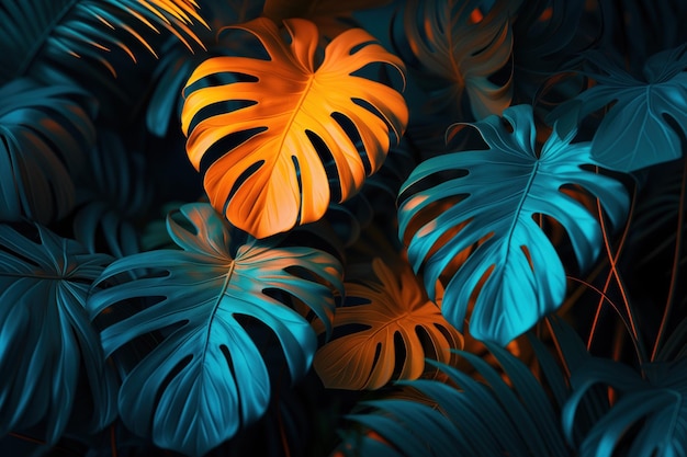 Photo des feuilles tropicales sombres aux couleurs lumineuses