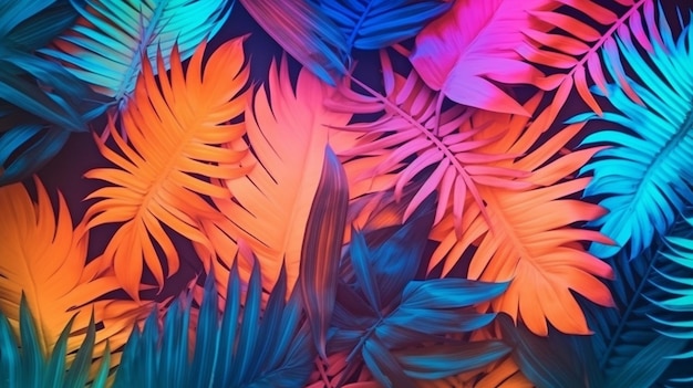 Les feuilles tropicales sont utilisées pour créer un motif lumineux coloré Generative AI Flat Lay Neon Colors