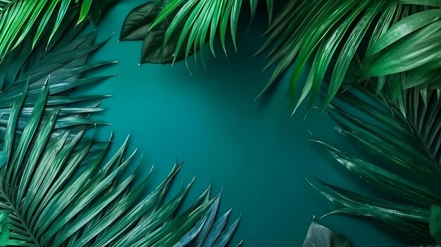 Des feuilles tropicales vertes sur un fond bleu