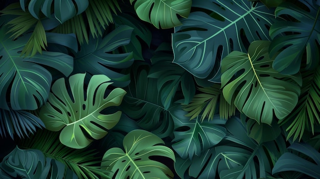 Des feuilles tropicales vertes sur un fond noir