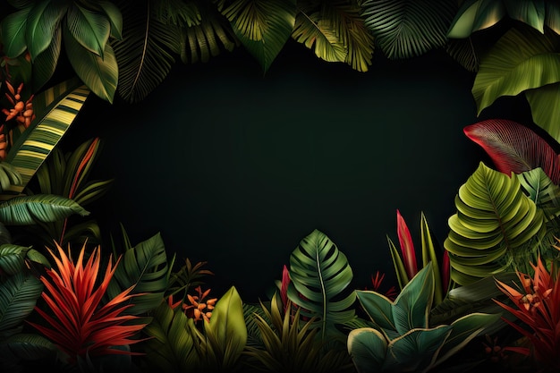 Des feuilles tropicales vibrantes formant une bordure avec un espace de copie de cadre