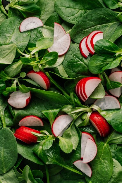 Photo feuilles de verdure et ingrédients de la salade vue de dessus