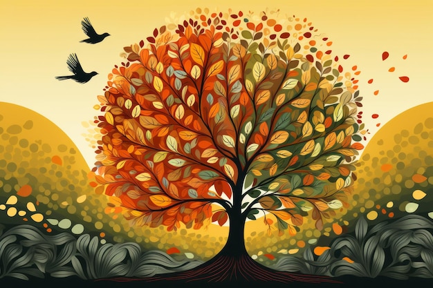 Feuilles vert jaune orange arbre d'automne dans la forêt d'automne magique Plante avec illustration de couronne colorée