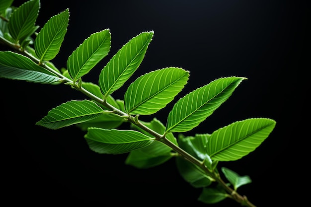 feuilles vertes sur une branche sur fond noir