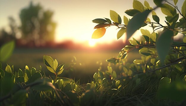 Photo les feuilles vertes sur les branches et l'herbe verte avec le soleil du matin au printemps et l'été en arrière-plan