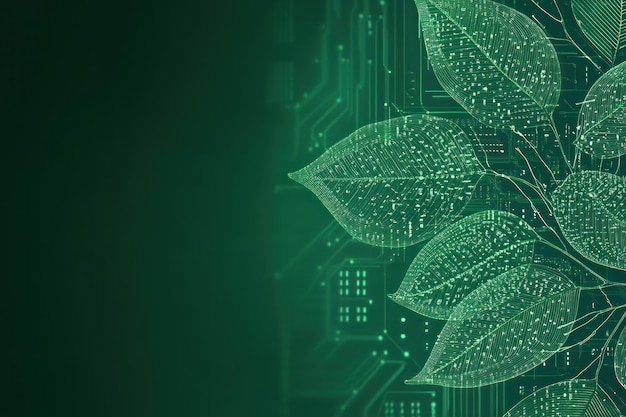 Feuilles vertes sur une carte de circuit imprimé technologie de fond et concept de nature